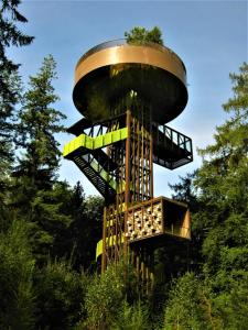 a tree house in the middle of a forest at Black Cabin Veluwe - Wellness in het bos - Airco & Sauna in Putten
