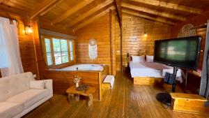 a living room with a tv and a tub in a cabin at פסגת מתת Pisgat mattat in Mattat