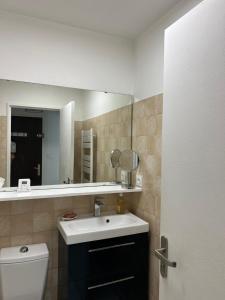 a bathroom with a sink and a mirror at Clube 6 T1 piscine parking in La Grande-Motte