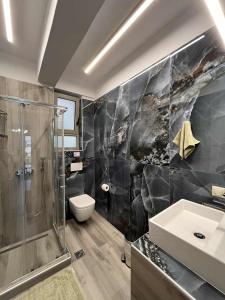a bathroom with a shower and a toilet and a sink at Danita Apartments in Paleros +12 photos