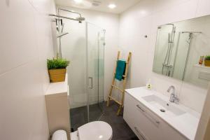 a bathroom with a toilet and a sink and a shower at Aqua Marina in Kralendijk