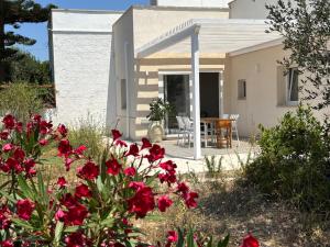 ein Haus mit einem Tisch und roten Blumen im Hof in der Unterkunft Casa Ulivo in Capilungo