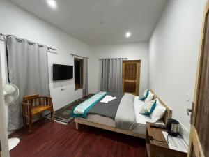 a bedroom with a bed and a television in it at Honey Bee in Leh