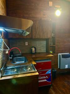 a kitchen with a stove and a sink in it at Cabaña de montaña Amber in San Carlos de Bariloche