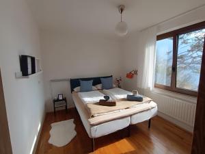 梅佐拉戈Ledro Casa Pino al Lago mit direktem Seezugang的白色卧室设有一张带窗户的床