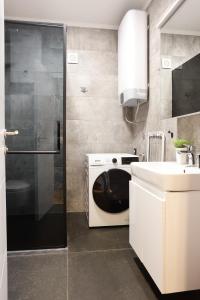 een badkamer met een wasmachine en een wastafel bij Engadin's Family Apartment in Jahorina +24 foto's