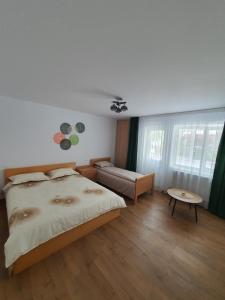 a bedroom with a bed and a couch and windows at BicazApart in Bicaz