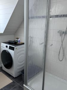 a shower in a bathroom with a washing machine at ZwoLu Apartments in Bornheim