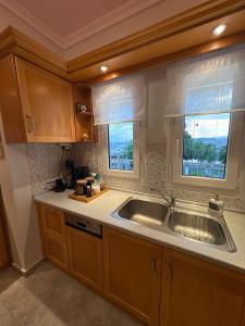 a kitchen with a sink and a window at Neraida view in Neráïdha