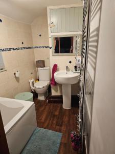une salle de bain avec un lavabo blanc et des toilettes dans l'établissement Quirky&Old Cottage for Families, à Colyford