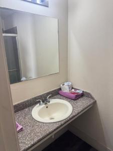 a bathroom counter with a sink and a mirror at Jackson Inn in El Campo