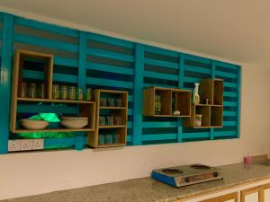 a kitchen with blue walls and wooden shelves at Sun Rock Villa Arugambay in Arugam Bay