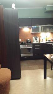 uma cozinha com armários pretos e um forno com placa de fogão em Apartment with Terrace em Rewal