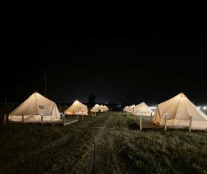 a row of tents in a field at night at Glamping Costinești in Costinesti +23 photos