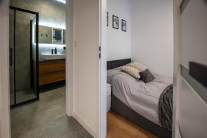 sypialnia z łóżkiem i łazienką z umywalką w obiekcie Work and Rest Apartment by Fengshui4u, cowroking, siłownia, nowy budynek, dostęp na kod w Łodzi