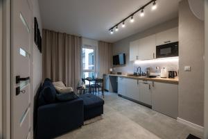 salon z kanapą i kuchnią w obiekcie Work and Rest Apartment by Fengshui4u, cowroking, siłownia, nowy budynek, dostęp na kod w Łodzi