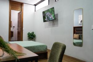 ein Zimmer mit einem Bett, einem Spiegel und einem Tisch in der Unterkunft Residencia 37 in Ciudad Guzmán