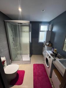 Cabonegro appartement في كابو نيغرو: حمام مع دش وغسالة ملابس