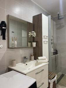 ein weißes Badezimmer mit Waschbecken und Spiegel in der Unterkunft Nid douillet a la campagne in Saint-Jean-de-Bournay + 22 Fotos