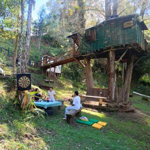グアルネにあるCasa en el Arbol y Campingのツリーハウスのテーブルに座っている男性グループ