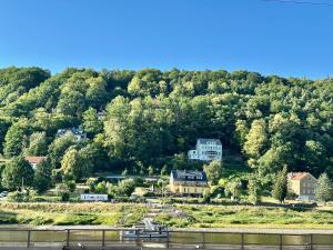 a house on top of a hill next to a river at Belvedere Apartment - Riverside - Zentrum - Netflix - Liliensteinblick in Königstein an der Elbe