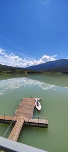 a dock on a lake with a boat on it at Ca l'Esmolet in Tremp