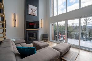 a living room with a couch and a fireplace at Le 70 Scandinavian chalet SPA and Pool Table in Saint Come