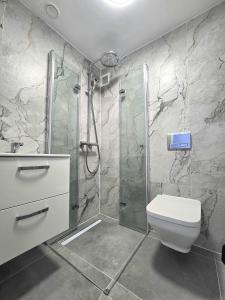a bathroom with a shower with a toilet and a sink at Mazurski Domek z Cegły nad Jeziorem in Sędańsk