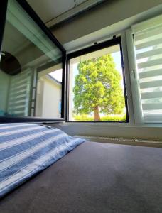 a bedroom with a bed and a window with a tree at Moderne Unterkunft mit orientalischem Flair und Top-Lage näher Bonn in Meckenheim