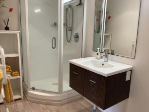 a bathroom with a sink and a shower at Spacious Studio - Self Contained in Tauranga