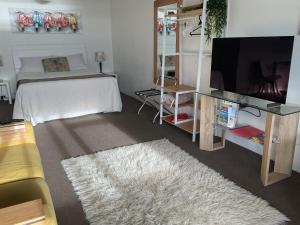 a living room with a bed and a television at Spacious Studio - Self Contained in Tauranga
