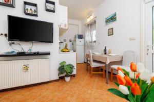 a living room with a flat screen tv on a wall at Apartment Vlatka Grof in Selce