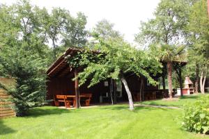 uma cabana de madeira com uma mesa de piquenique no quintal em Aqua Family Apartments em Karigador