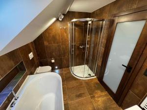 une salle de bain avec une douche, des toilettes et un lavabo dans l'établissement Apartmán Amerex,  69 autres photos