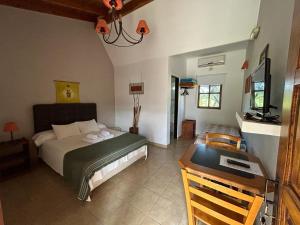 a bedroom with a bed and a desk and a television at Hosteria Manantial de Carpintería in Carpintería