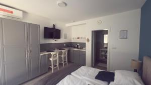 een slaapkamer met een bed en een keuken met een aanrecht bij Code Srebrno Jezero in Veliko Gradište
