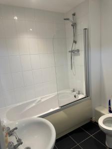 a bathroom with a shower and a sink and a toilet at Little flat at the top in West Bromwich