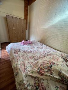 a bed with pink shoes on it in a bedroom at Las Dolinas 3 in Malargüe