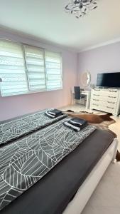 a bedroom with a large bed and a desk at Karchevi Apartment in Sveti Vlas