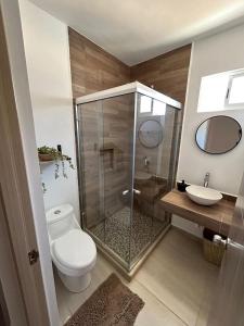 a bathroom with a shower and a toilet and a sink at Casa Las Palmas in Mazatlán