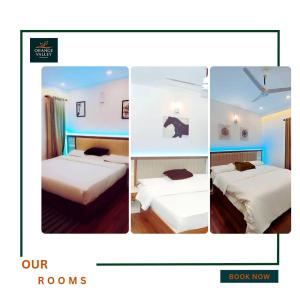 three pictures of a hotel room with two beds at Orange Valley Farm Resort in Munnar +35 photos