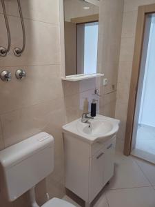 a bathroom with a sink and a toilet and a mirror at Apartments Antonio in Neum