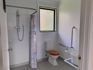 a bathroom with a toilet and a window at Purple Hen Country Lodge in Katikati +39 photos