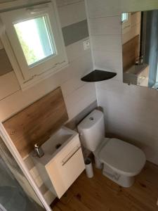 un piccolo bagno con servizi igienici e finestra di La Tiny House Poloma 
