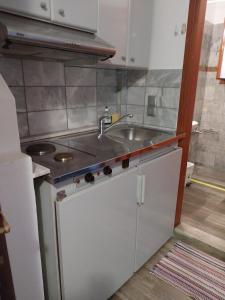 a kitchen with a sink and a stove at Vasiliki Apartments in Plataniás