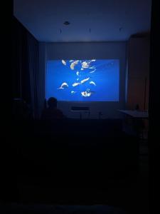 una persona seduta davanti a un grande schermo con un acquario di pesci di Design apartment with view to Nemunas, Prienai a Pakopi