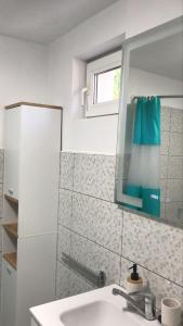 a bathroom with a sink and a mirror at Casa EDI in Ferihaza +15 photos
