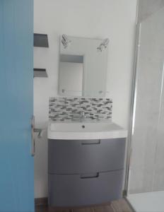 a bathroom with a sink and a mirror at La Quesnelière in Le Lorey