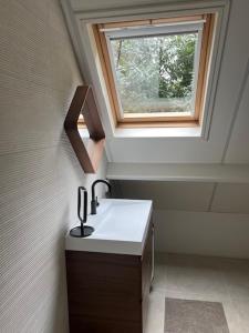 a bathroom with a sink and a window at Forest house with sauna in Norg