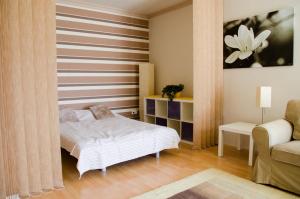 ハイドゥソボスローにあるArt Erika Apartmentの小さなベッドルーム(ベッド1台、ソファ付)